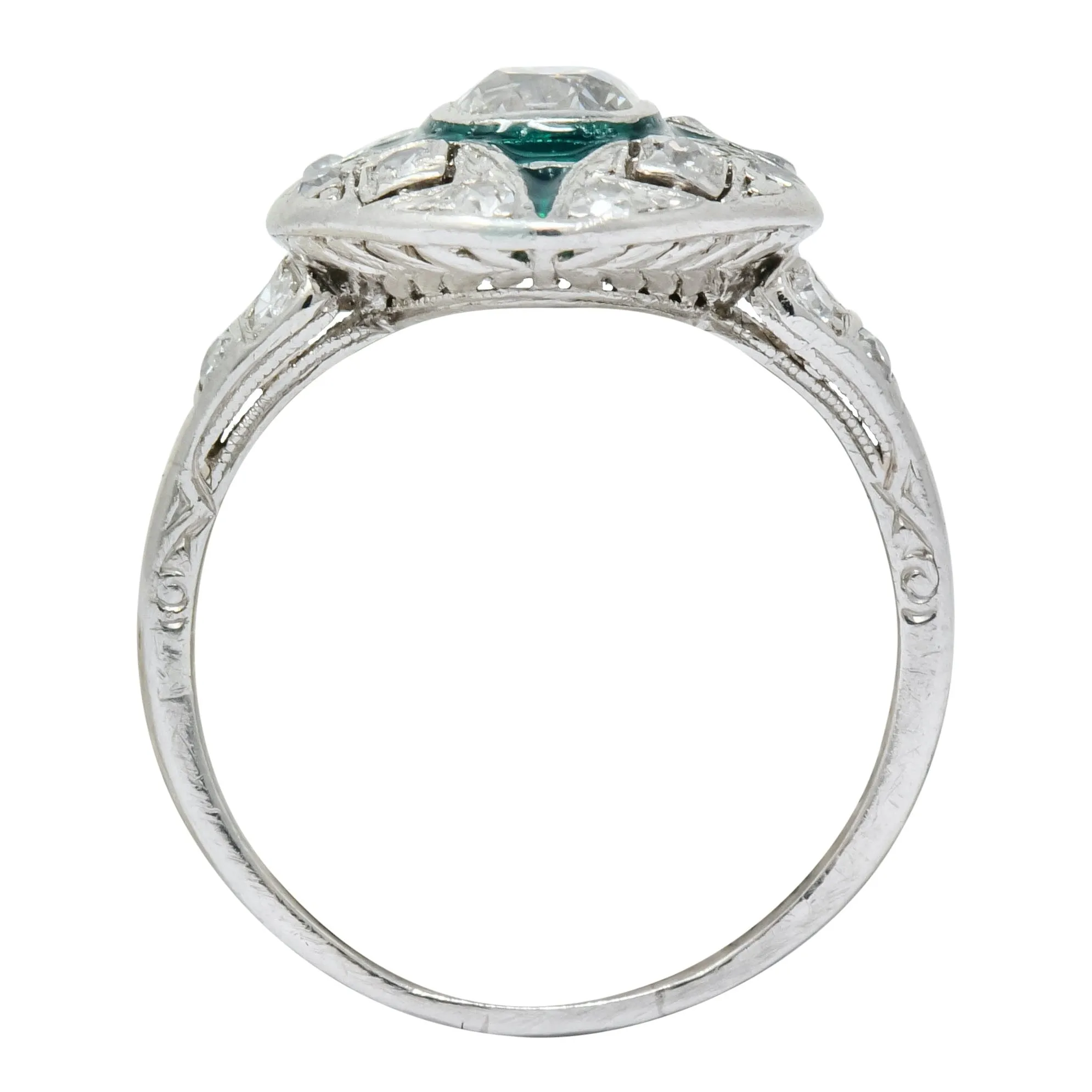 Art Deco Diamond Plique-à-Jour Enamel  Platinum Dinner Engagement Ring